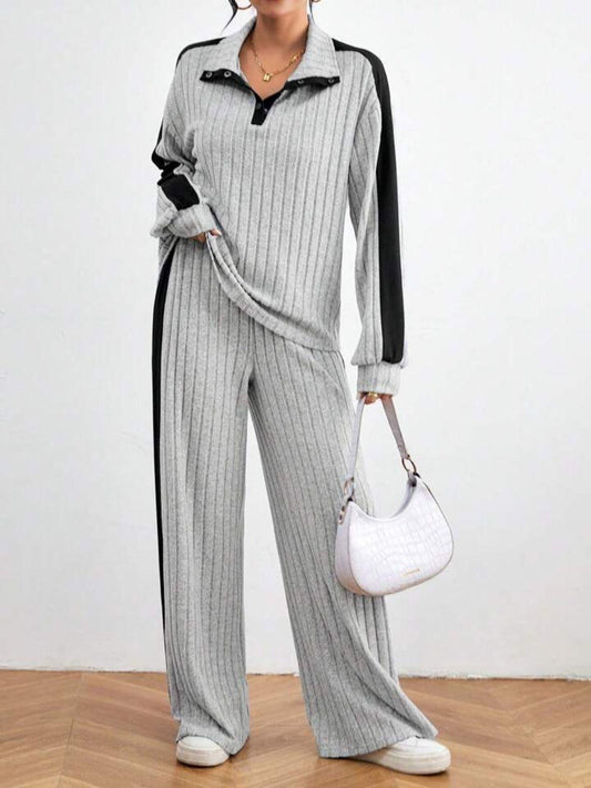 Contrast Collared Neck Long Sleeve Top and Pants Set - Clothes For Her Online Store