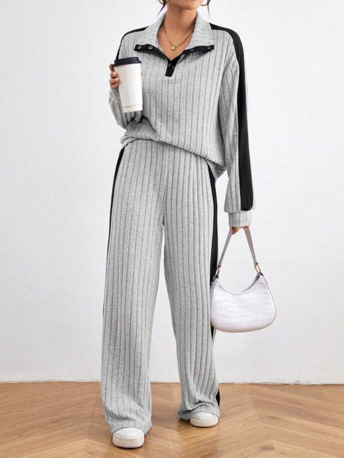 Contrast Collared Neck Long Sleeve Top and Pants Set - Clothes For Her Online Store