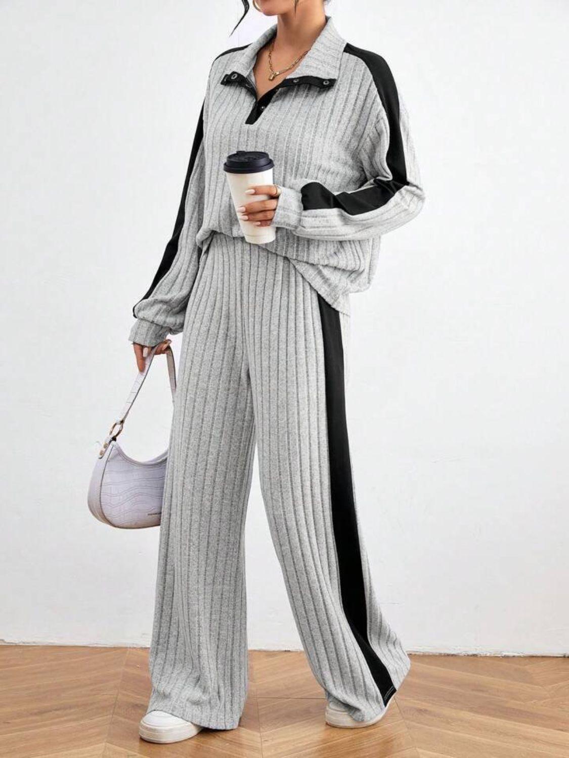 Contrast Collared Neck Long Sleeve Top and Pants Set - Clothes For Her Online Store