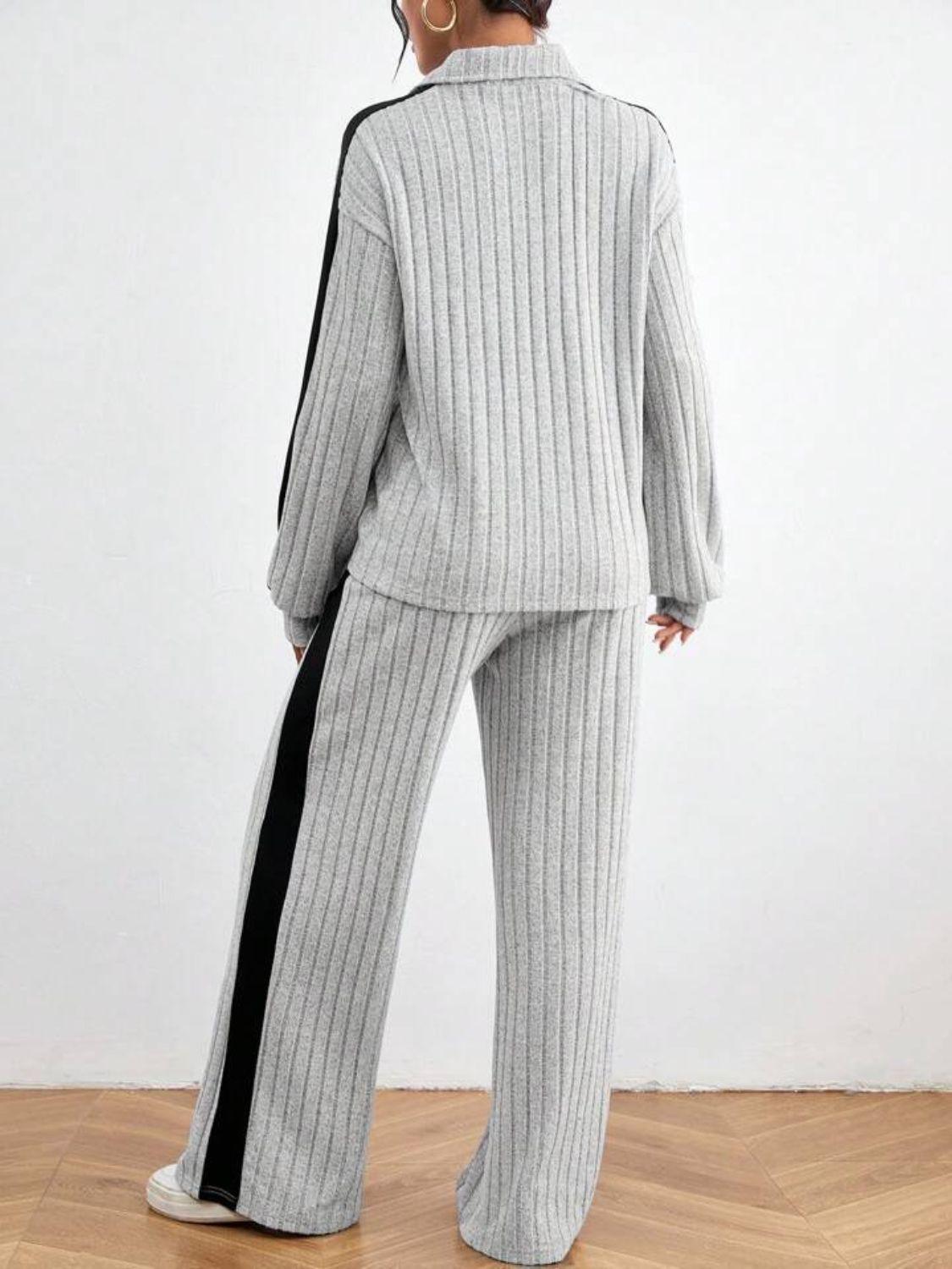 Contrast Collared Neck Long Sleeve Top and Pants Set - Clothes For Her Online Store