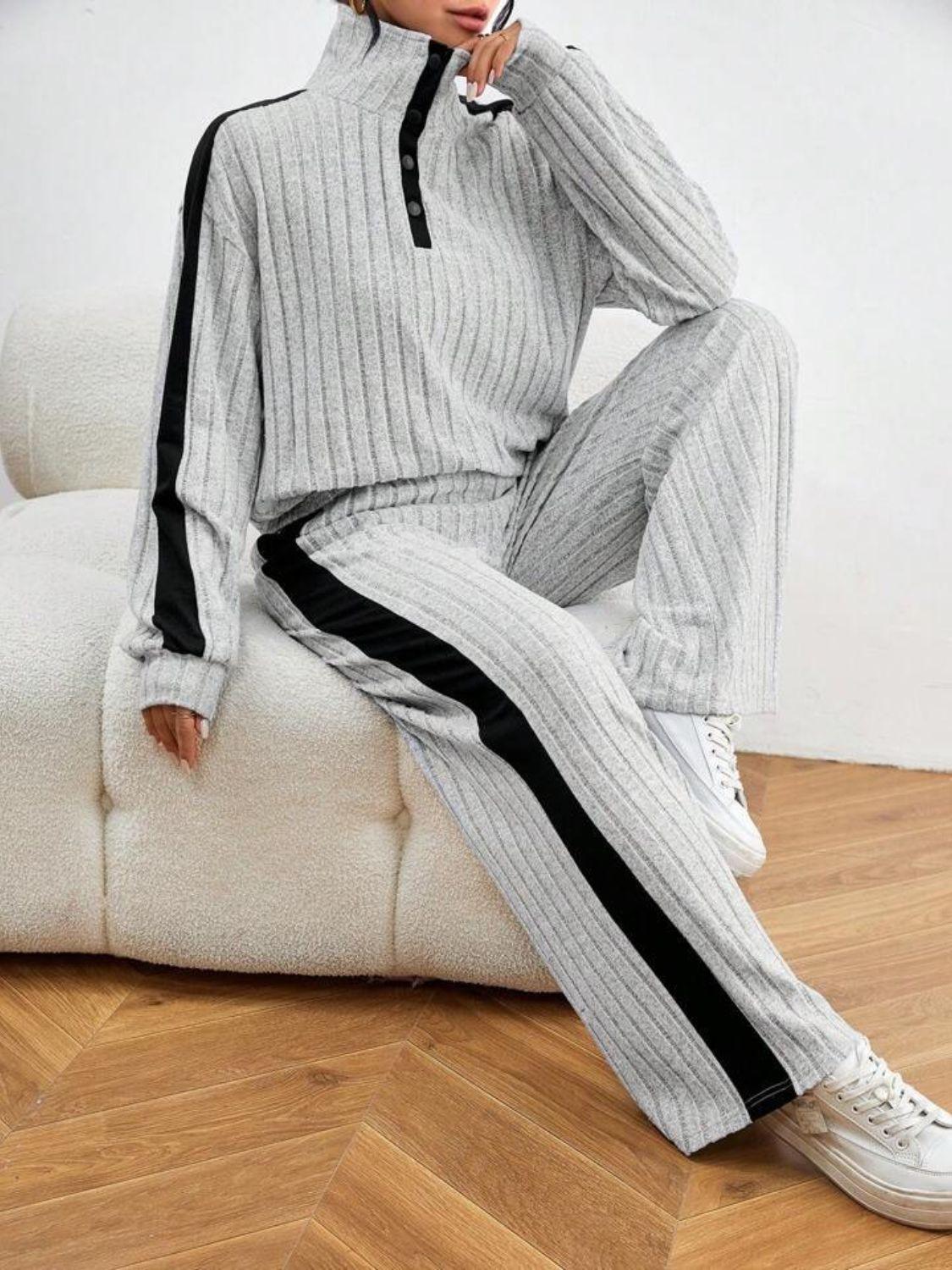 Contrast Collared Neck Long Sleeve Top and Pants Set - Clothes For Her Online Store