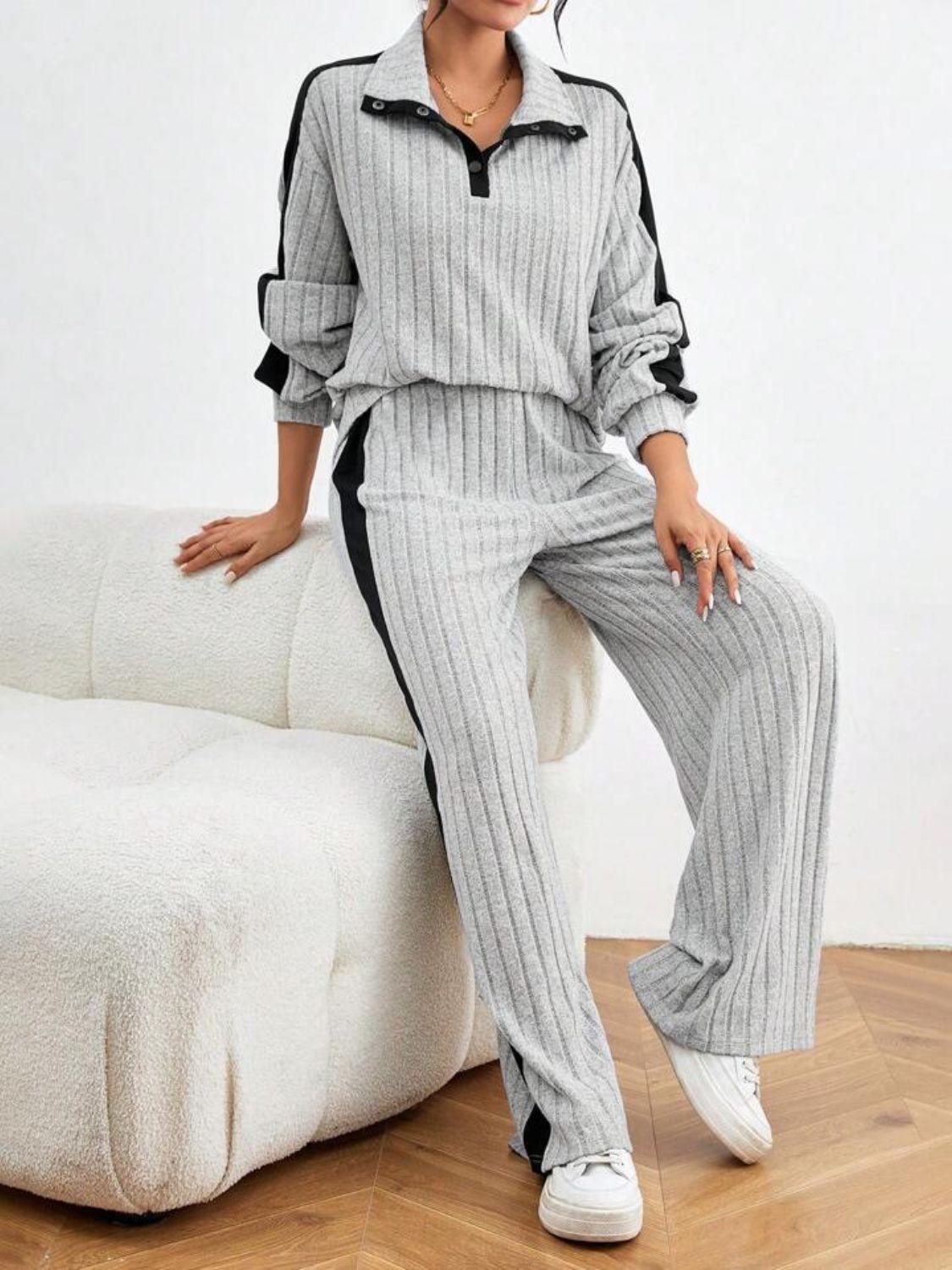 Contrast Collared Neck Long Sleeve Top and Pants Set - Clothes For Her Online Store