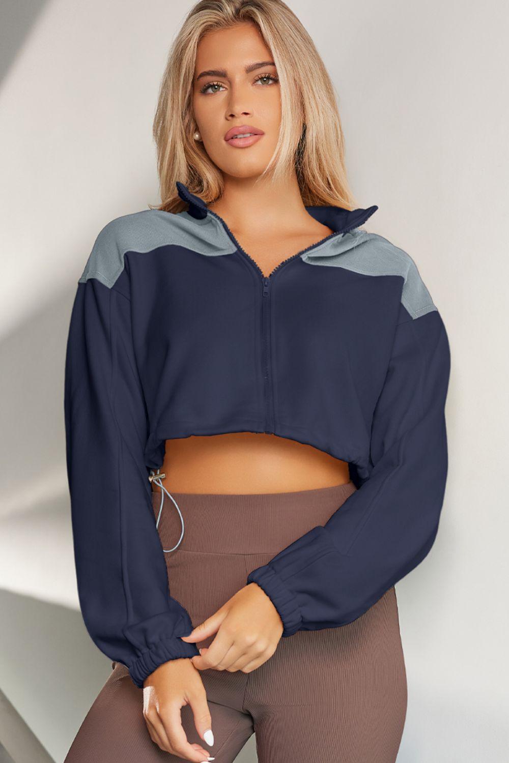 Contrast Drawstring Zip Up Jacket - Clothes For Her Online Store