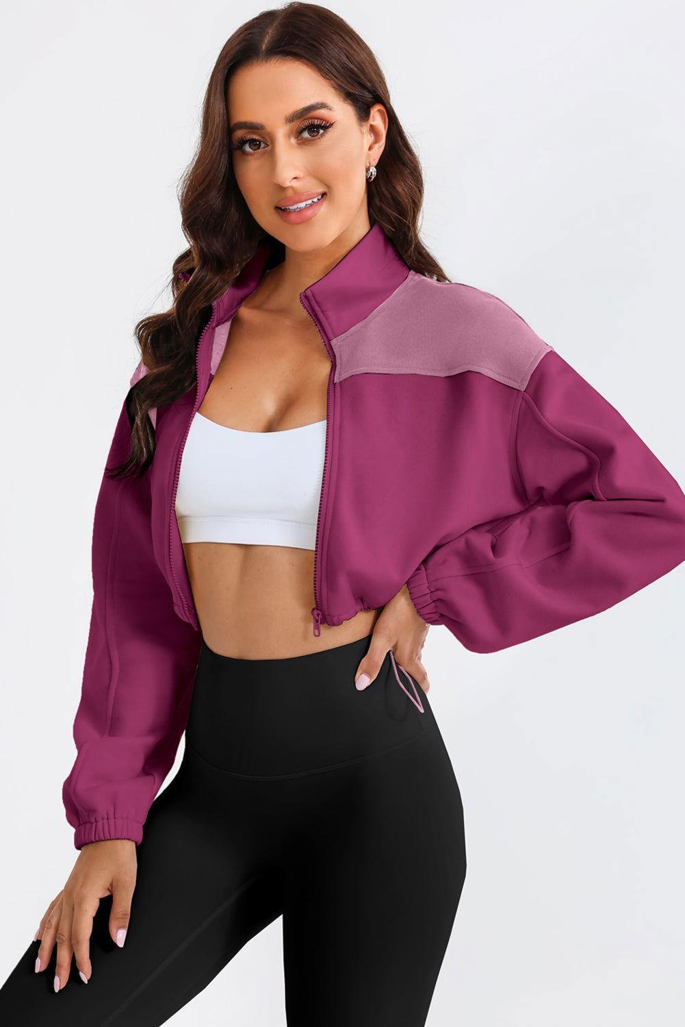 Contrast Drawstring Zip Up Jacket - Clothes For Her Online Store