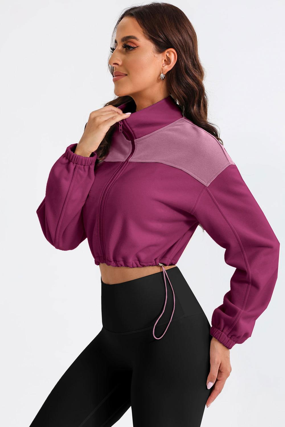 Contrast Drawstring Zip Up Jacket - Clothes For Her Online Store