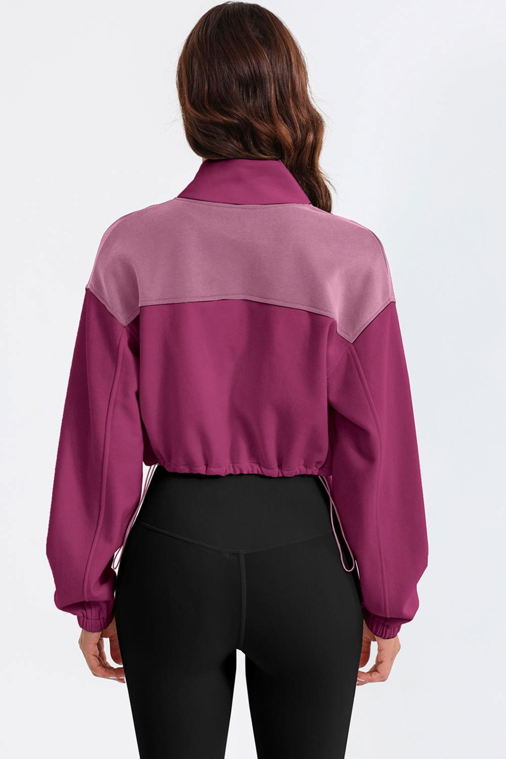 Contrast Drawstring Zip Up Jacket - Clothes For Her Online Store