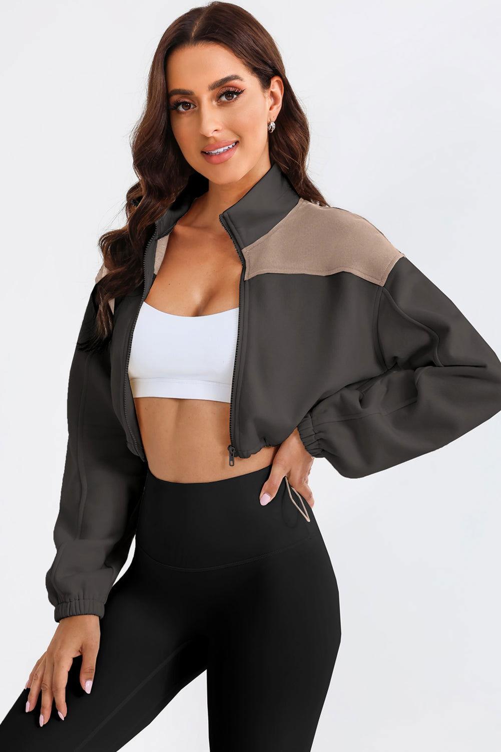 Contrast Drawstring Zip Up Jacket - Clothes For Her Online Store