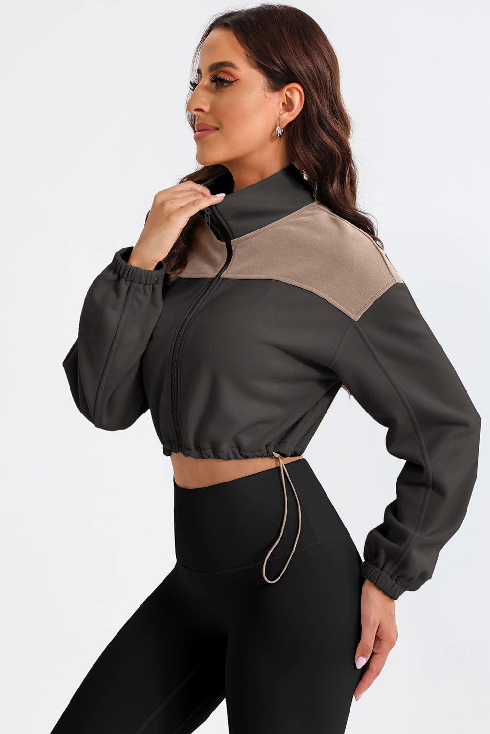Contrast Drawstring Zip Up Jacket - Clothes For Her Online Store