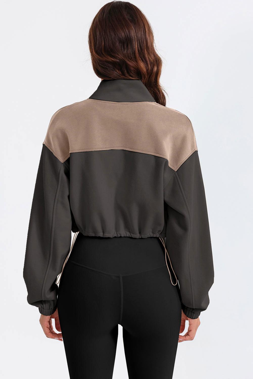 Contrast Drawstring Zip Up Jacket - Clothes For Her Online Store