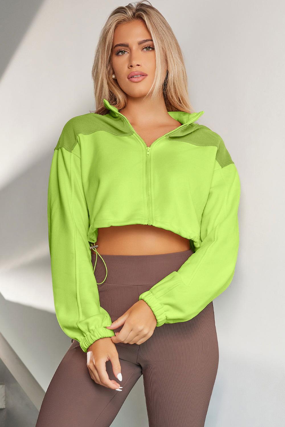 Contrast Drawstring Zip Up Jacket - Clothes For Her Online Store