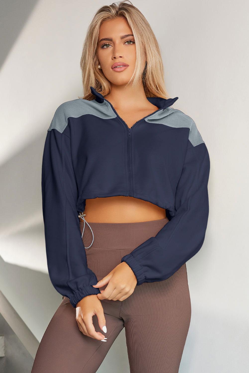 Contrast Drawstring Zip Up Jacket - Clothes For Her Online Store