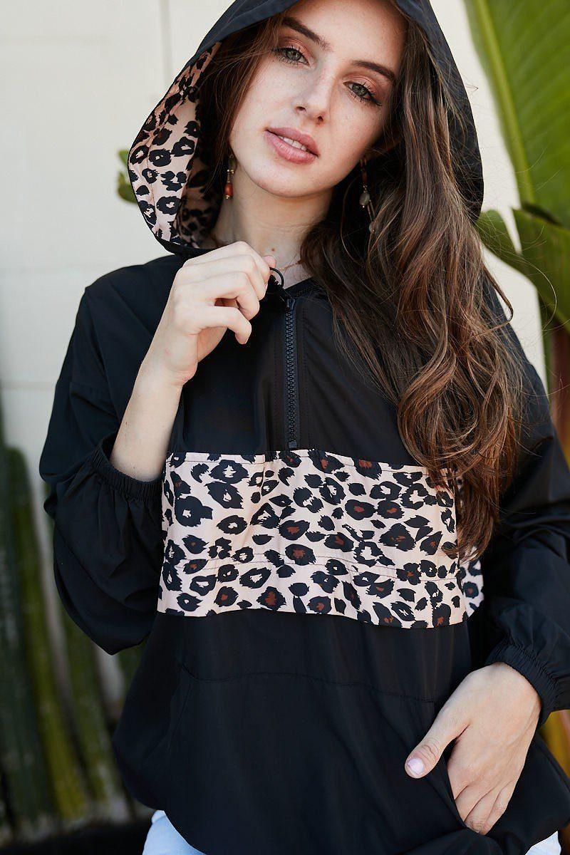 Contrast Leopard Print Front Zipper Up Kangaroo Pocket Windbreaker Hoodie - Clothes For Her Online Store