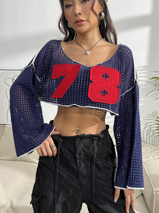 Contrast Patches Long Sleeve Cropped Knit Top - Clothes For Her Online Store