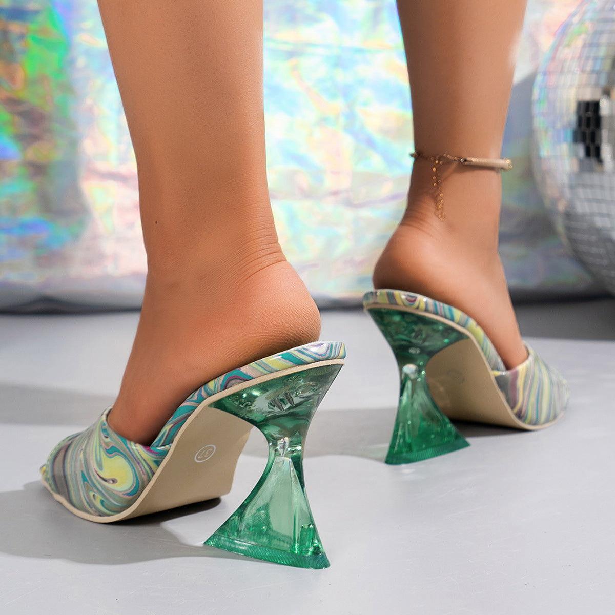 Contrast Peep Toe Mid Heels Sandals - Clothes For Her Online Store
