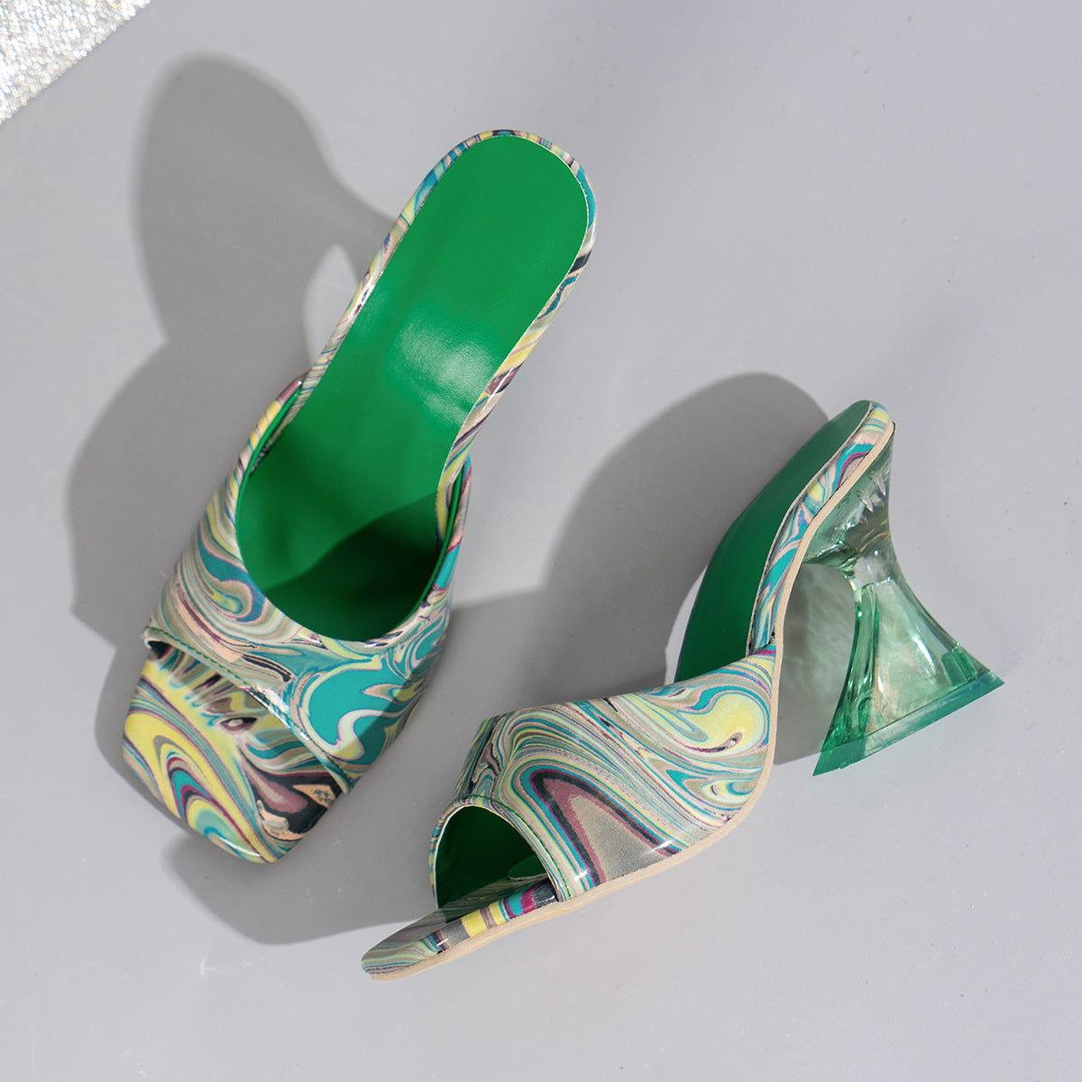 Contrast Peep Toe Mid Heels Sandals - Clothes For Her Online Store