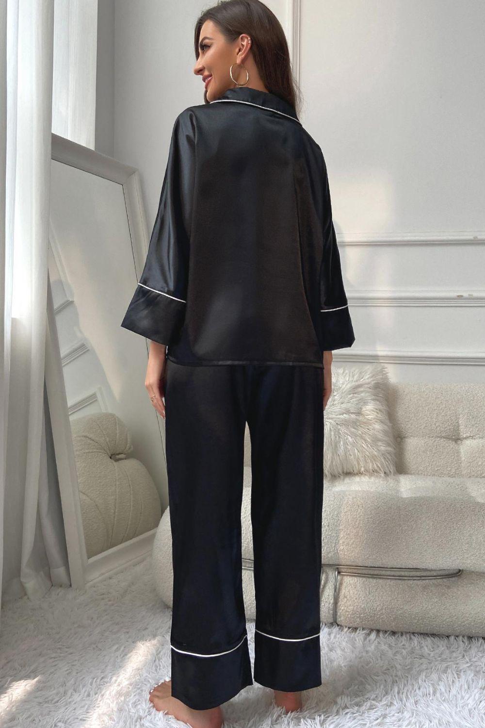 Contrast Piping Button-Up Top and Pants Pajama Set - Clothes For Her Online Store