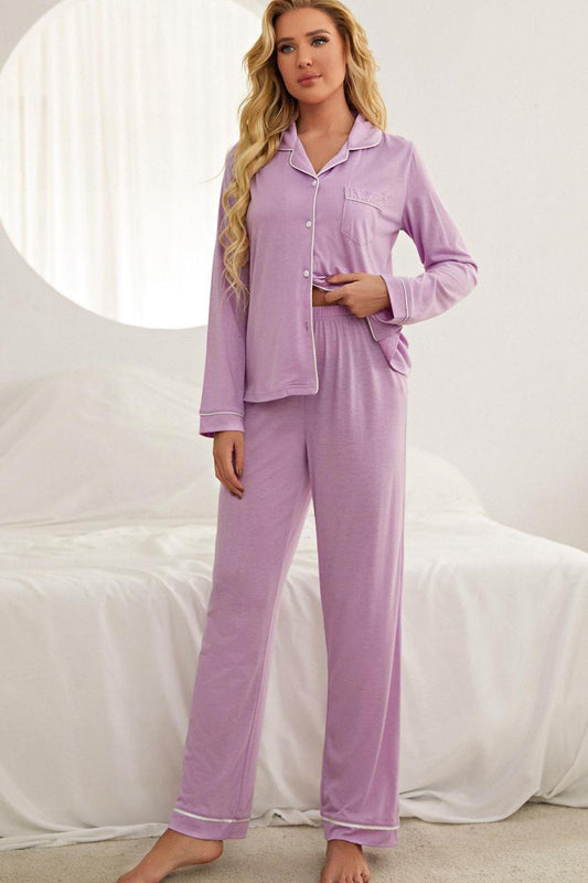Contrast Piping Button Down Top and Pants Loungewear Set - Clothes For Her Online Store