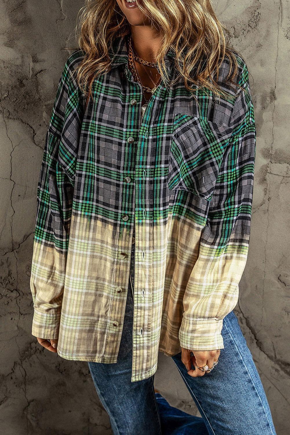 Contrast Plaid Button Up Long Sleeve Shacket - Clothes For Her Online Store