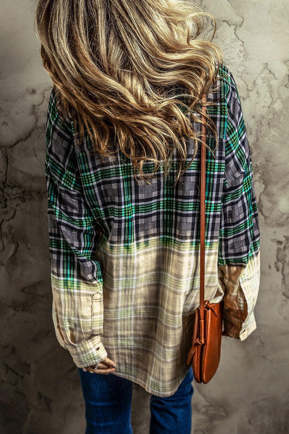 Contrast Plaid Button Up Long Sleeve Shacket - Clothes For Her Online Store