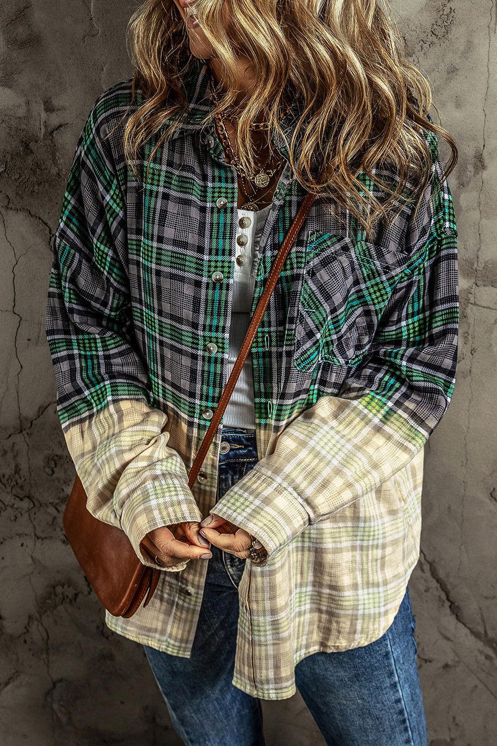 Contrast Plaid Button Up Long Sleeve Shacket - Clothes For Her Online Store