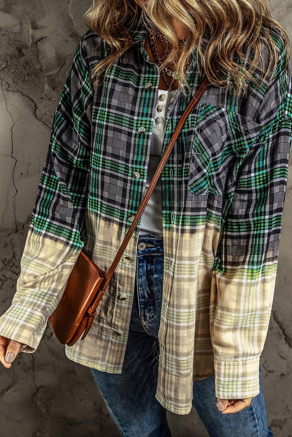 Contrast Plaid Button Up Long Sleeve Shacket - Clothes For Her Online Store