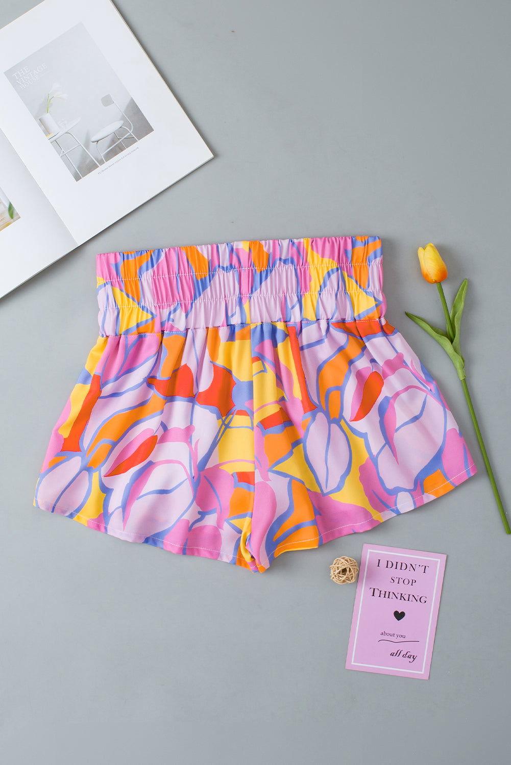 Contrast Print Elastic Waist High Waist Shorts - Clothes For Her Online Store