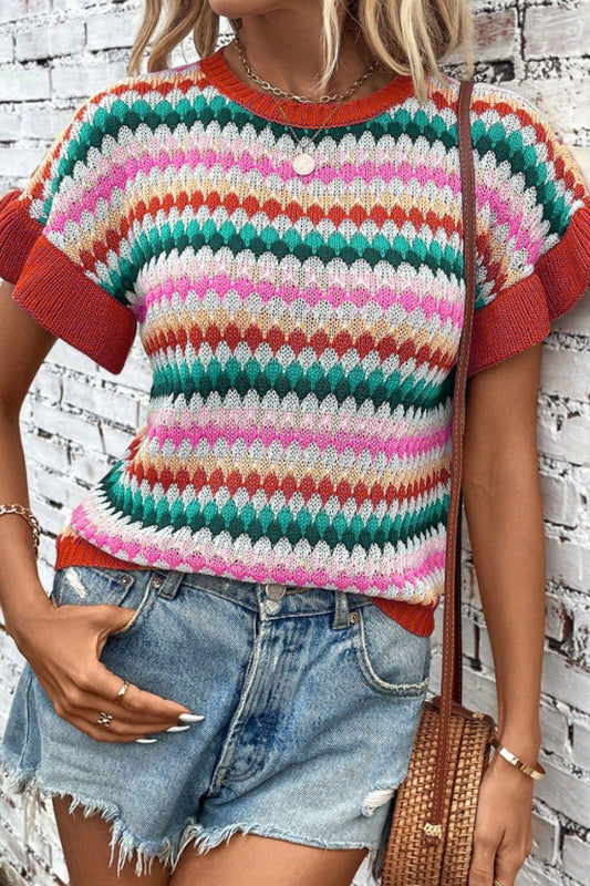 Contrast Round Neck Short Sleeve Sweater - Clothes For Her Online Store