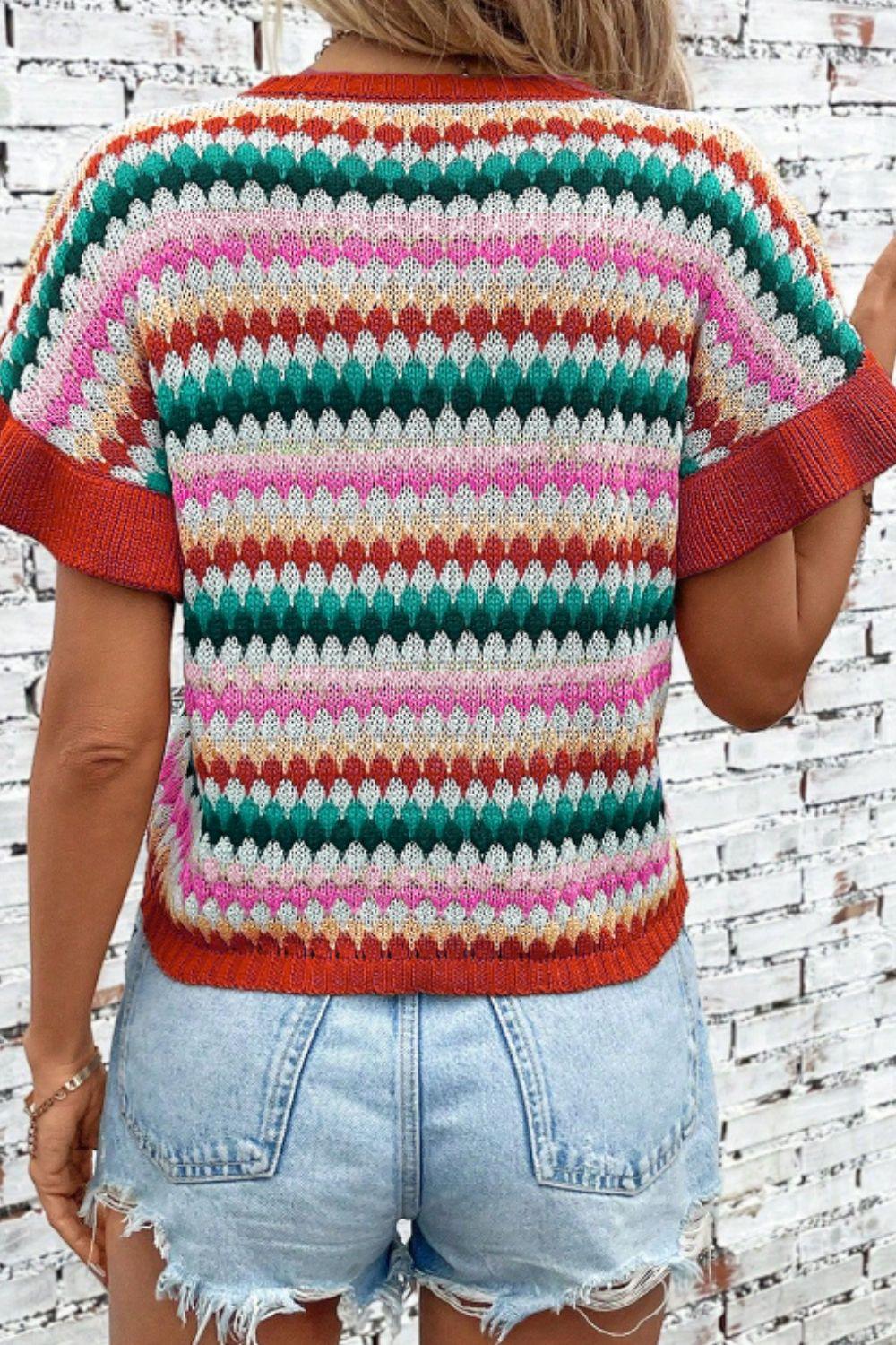 Contrast Round Neck Short Sleeve Sweater - Clothes For Her Online Store
