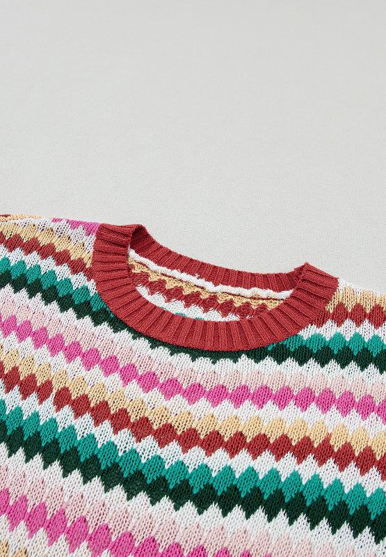 Contrast Round Neck Short Sleeve Sweater - Clothes For Her Online Store