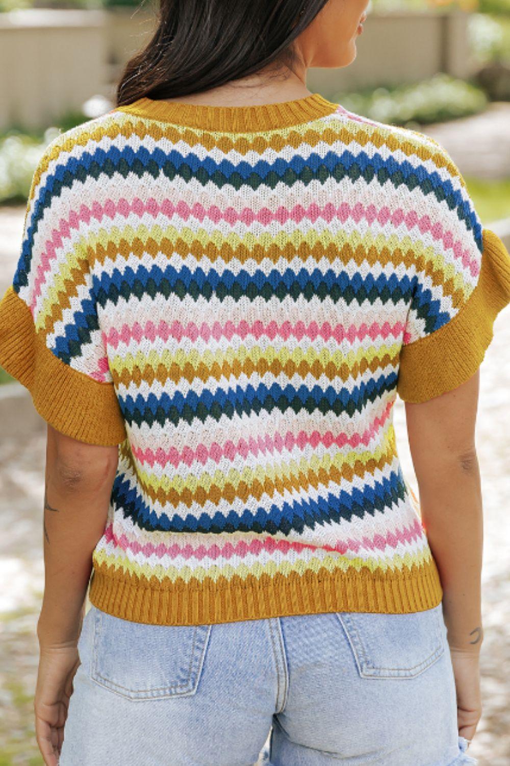 Contrast Round Neck Short Sleeve Sweater - Clothes For Her Online Store