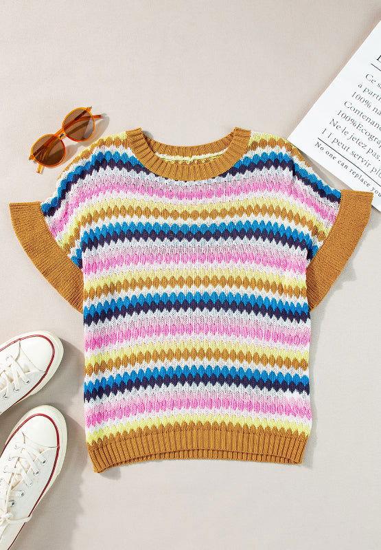 Contrast Round Neck Short Sleeve Sweater - Clothes For Her Online Store