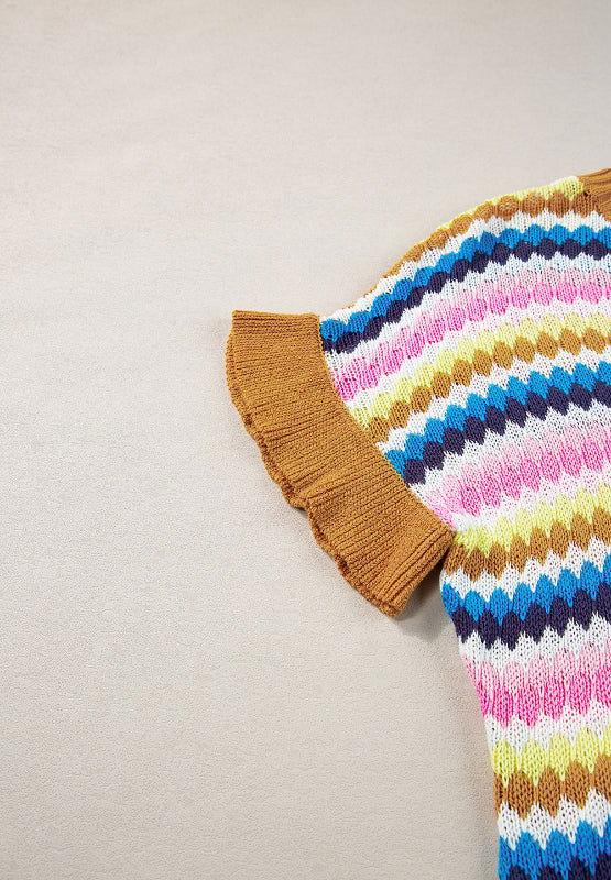 Contrast Round Neck Short Sleeve Sweater - Clothes For Her Online Store