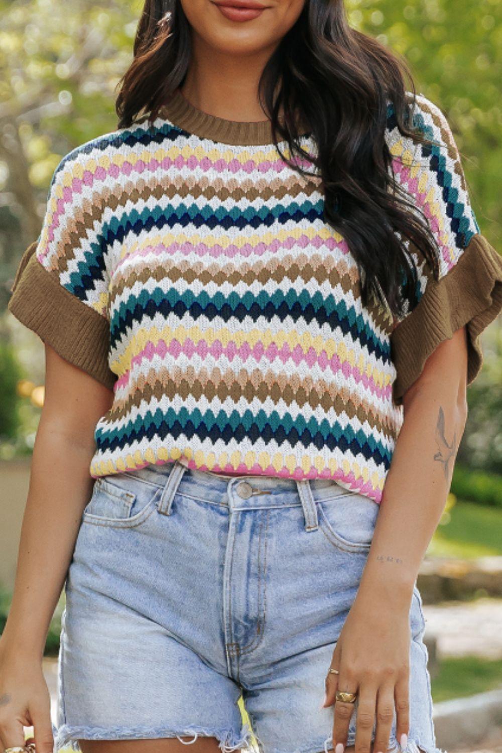 Contrast Round Neck Short Sleeve Sweater - Clothes For Her Online Store