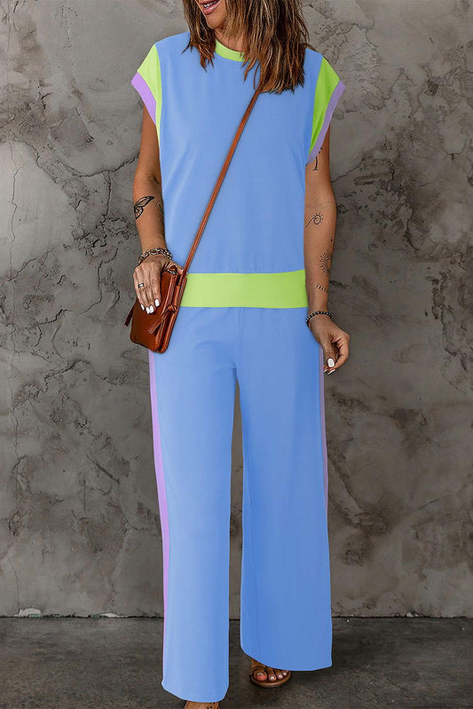 Contrast Round Neck Top and Pants Set - Clothes For Her Online Store