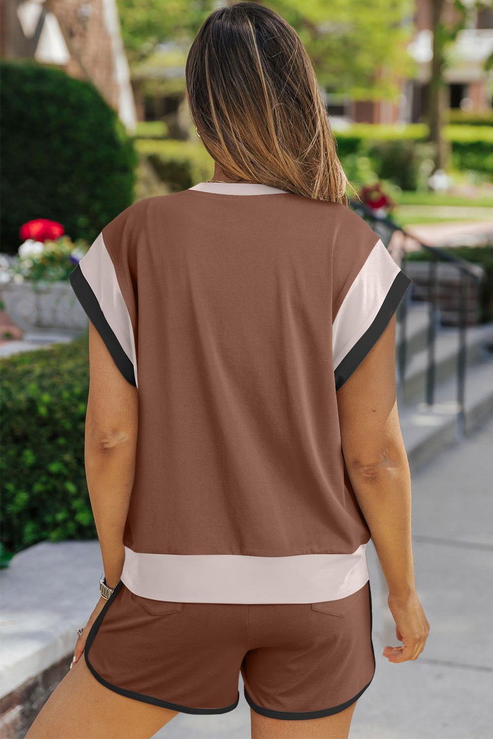 Contrast Round Neck Top and Shorts Set - Clothes For Her Online Store