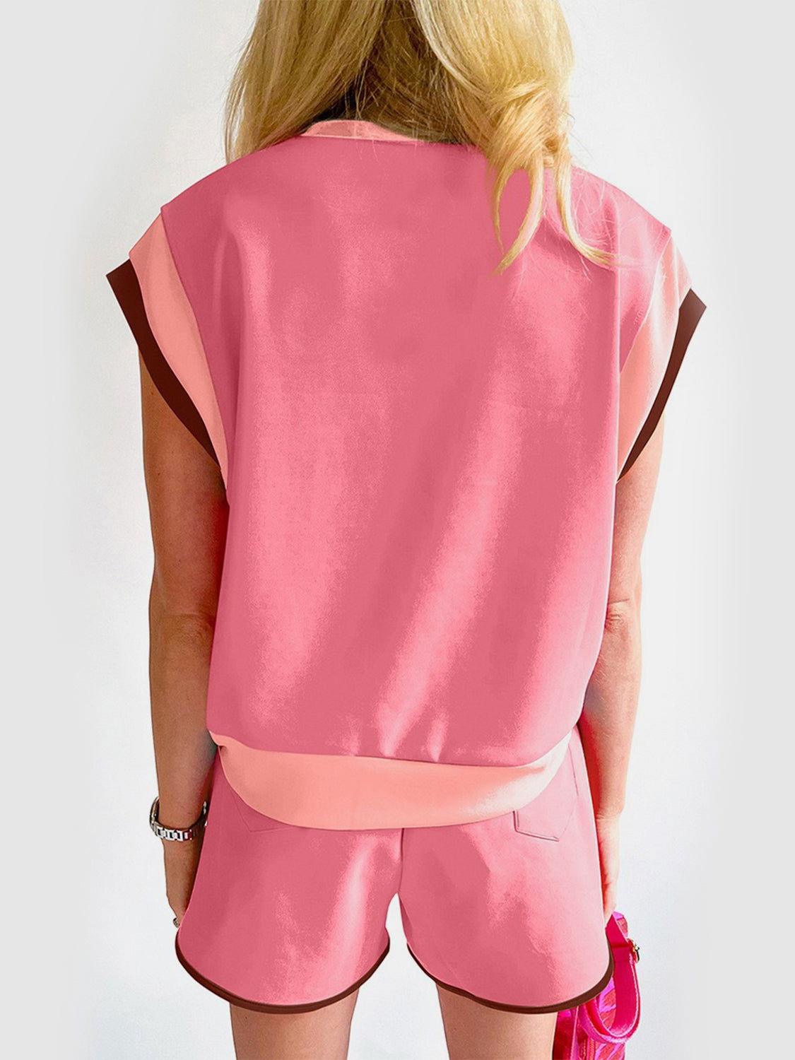 Contrast Round Neck Top and Shorts Set - Clothes For Her Online Store
