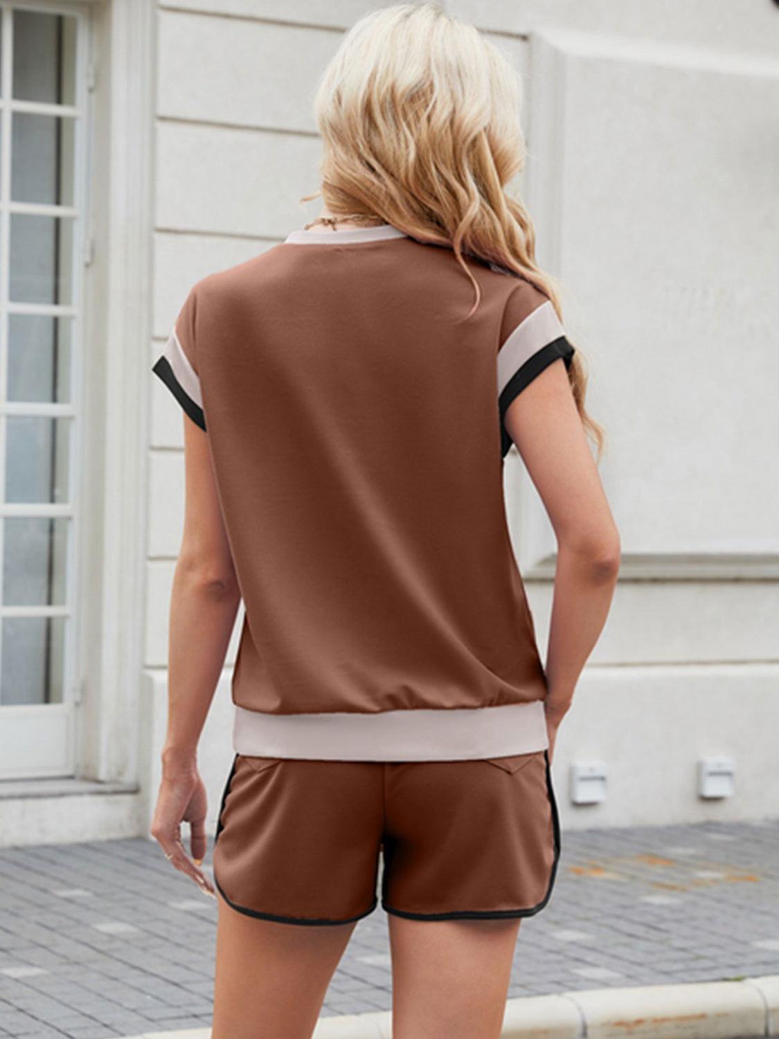 Contrast Round Neck Top and Shorts Set - Clothes For Her Online Store