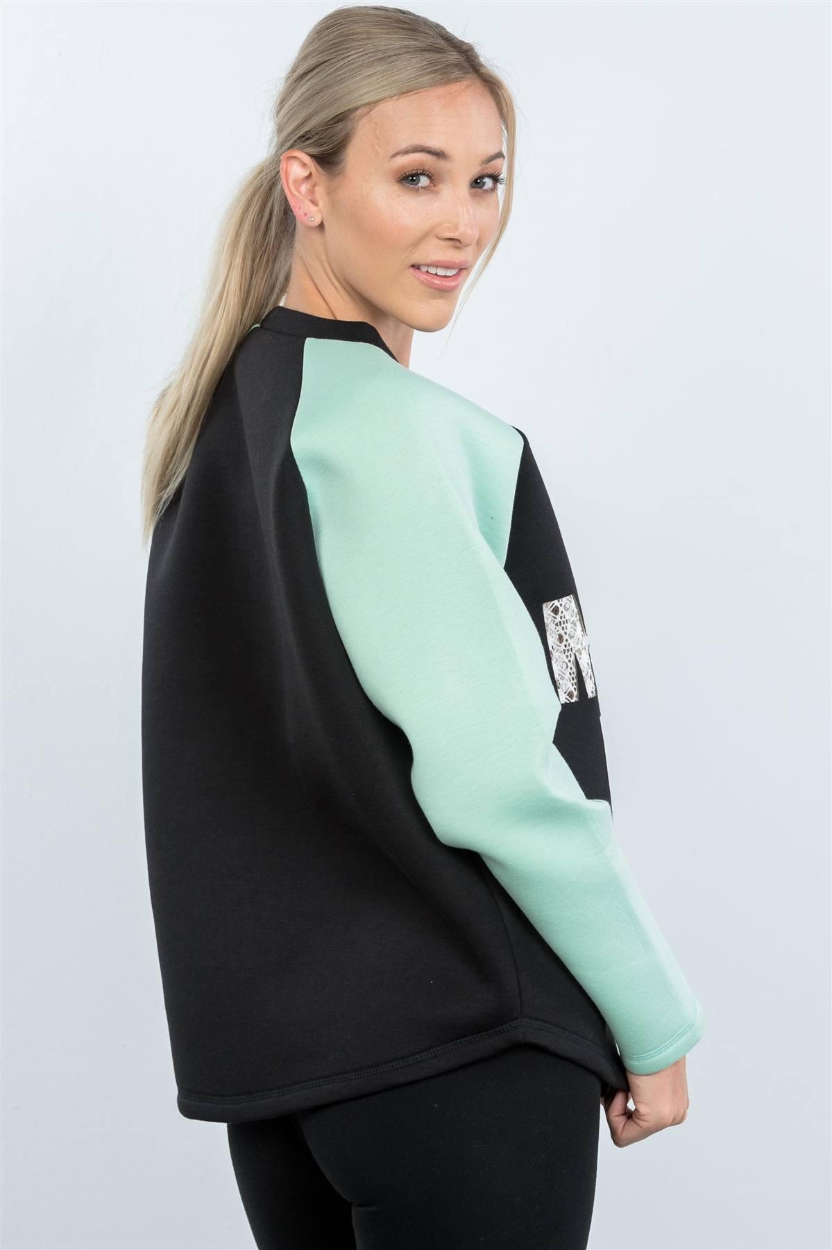 Contrast Sleeve Curved Hem Sweater - Clothes For Her Online Store