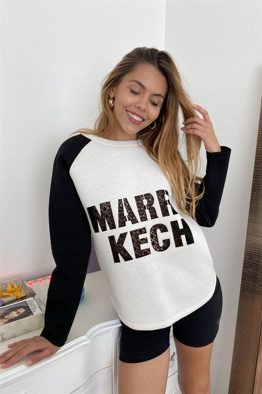 Contrast Sleeve Curved Hem Sweater - Clothes For Her Online Store