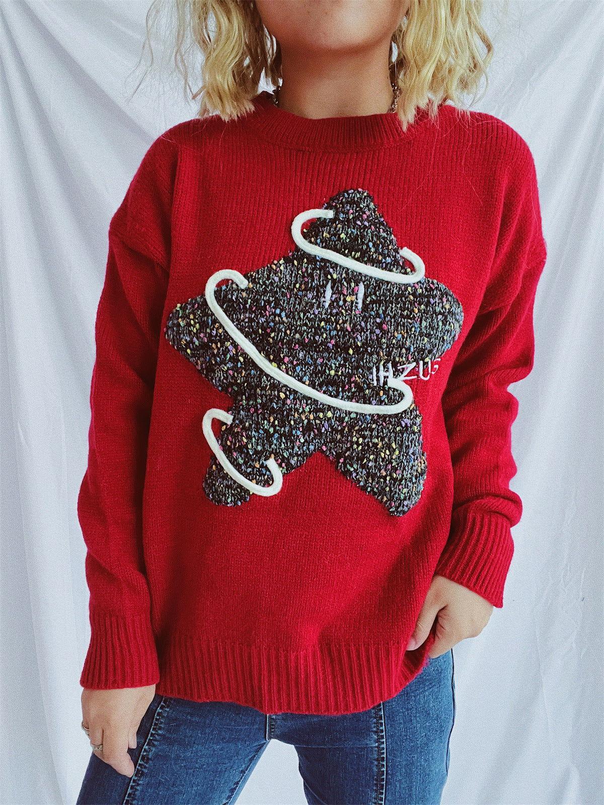 Contrast Star Round Neck Long Sleeve Sweater - Clothes For Her Online Store