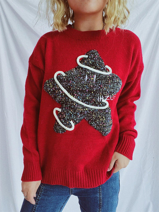 Contrast Star Round Neck Long Sleeve Sweater - Clothes For Her Online Store
