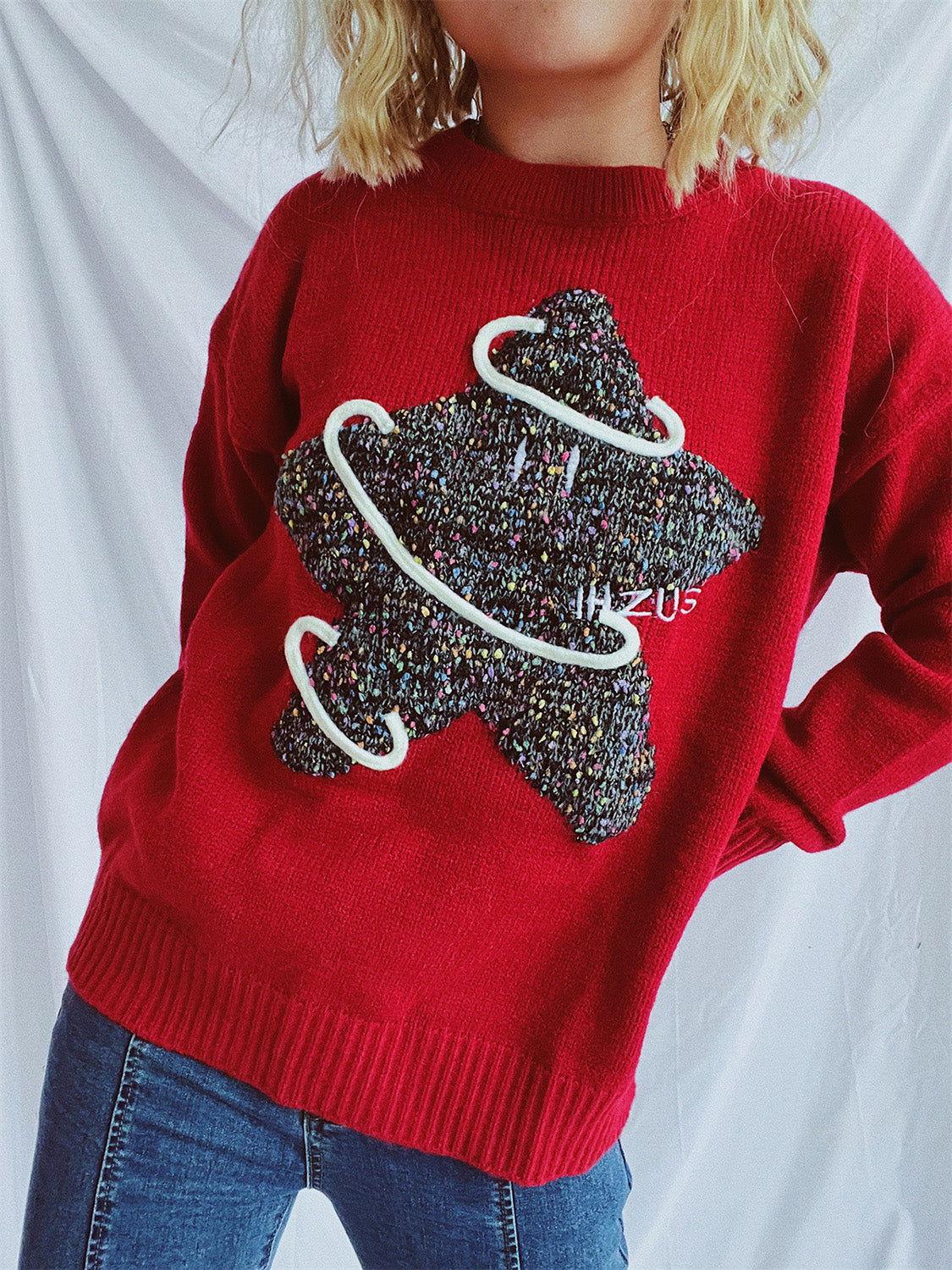 Contrast Star Round Neck Long Sleeve Sweater - Clothes For Her Online Store