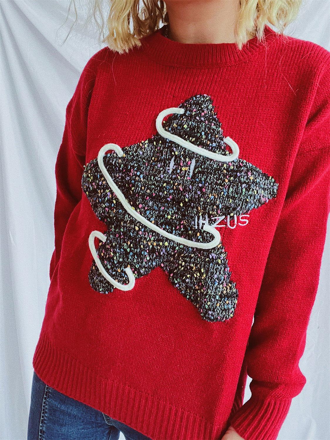 Contrast Star Round Neck Long Sleeve Sweater - Clothes For Her Online Store