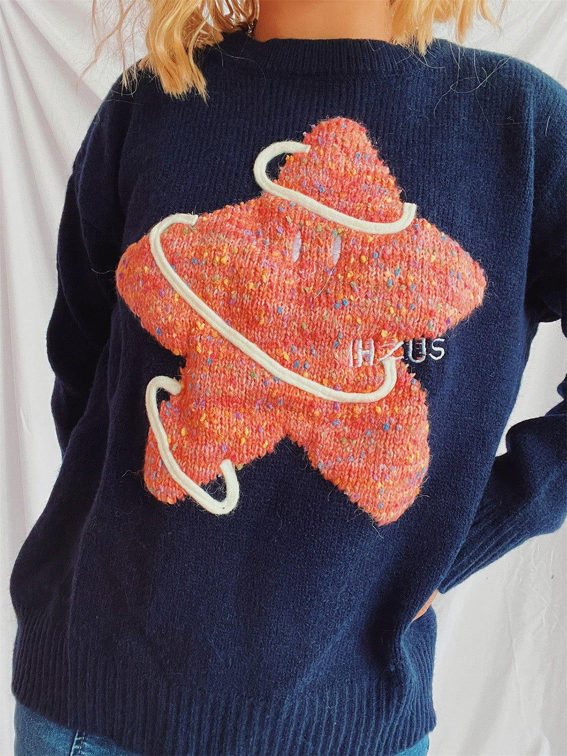 Contrast Star Round Neck Long Sleeve Sweater - Clothes For Her Online Store