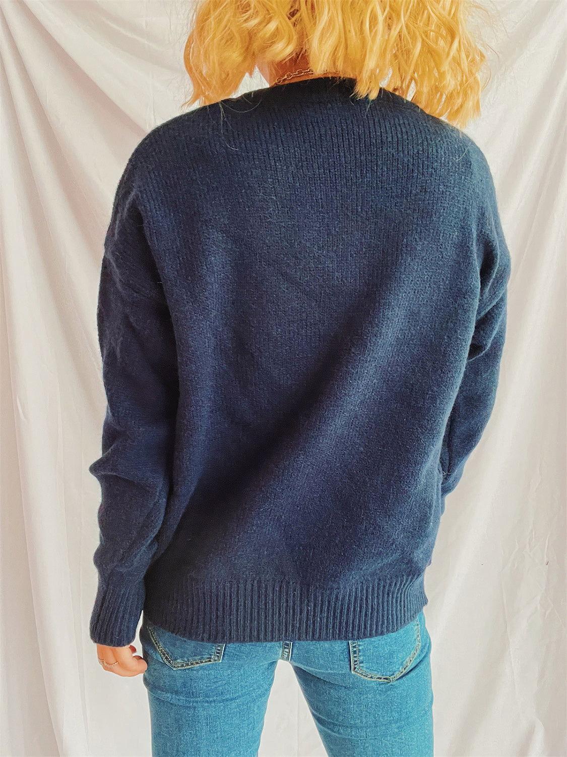 Contrast Star Round Neck Long Sleeve Sweater - Clothes For Her Online Store