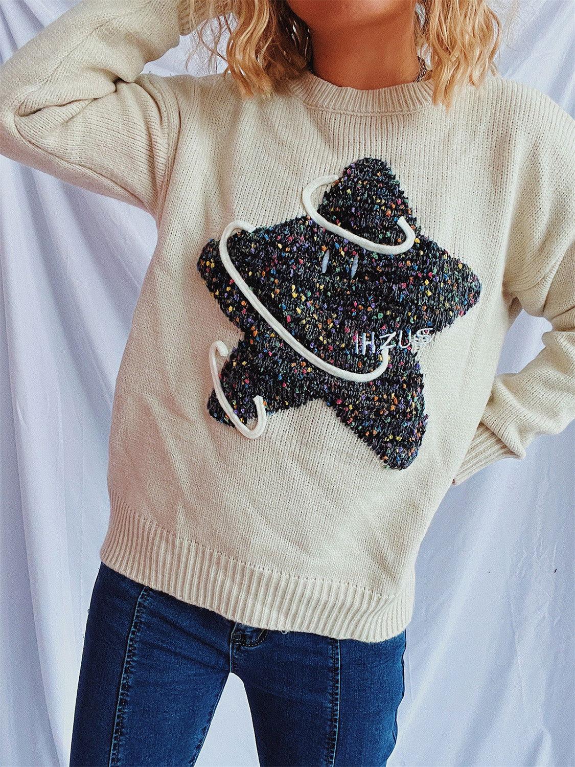 Contrast Star Round Neck Long Sleeve Sweater - Clothes For Her Online Store