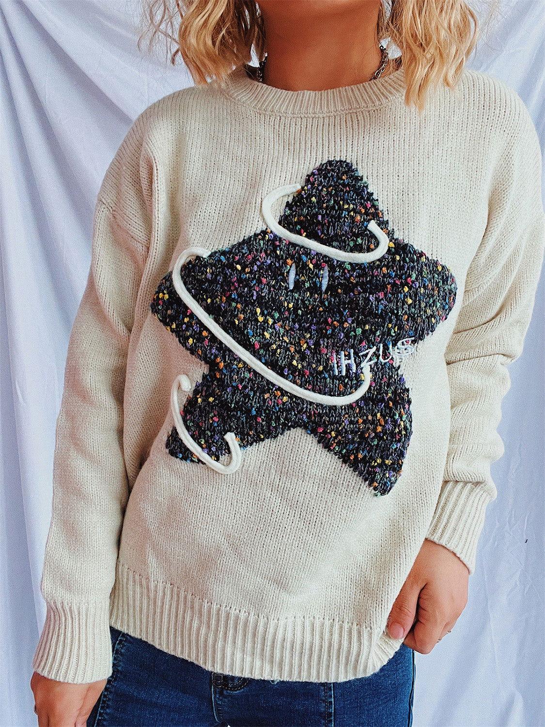 Contrast Star Round Neck Long Sleeve Sweater - Clothes For Her Online Store