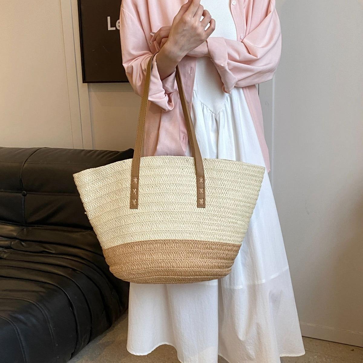 Contrast Straw Braided Handbag - Clothes For Her Online Store
