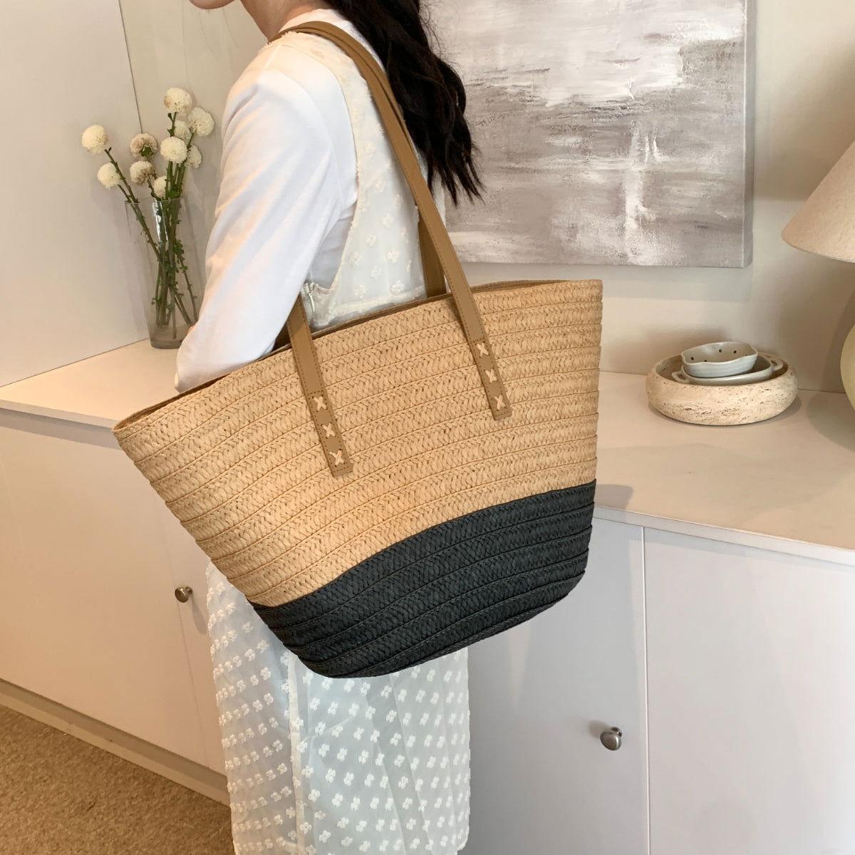 Contrast Straw Braided Handbag - Clothes For Her Online Store