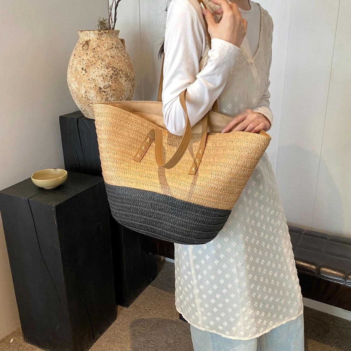 Contrast Straw Braided Handbag - Clothes For Her Online Store